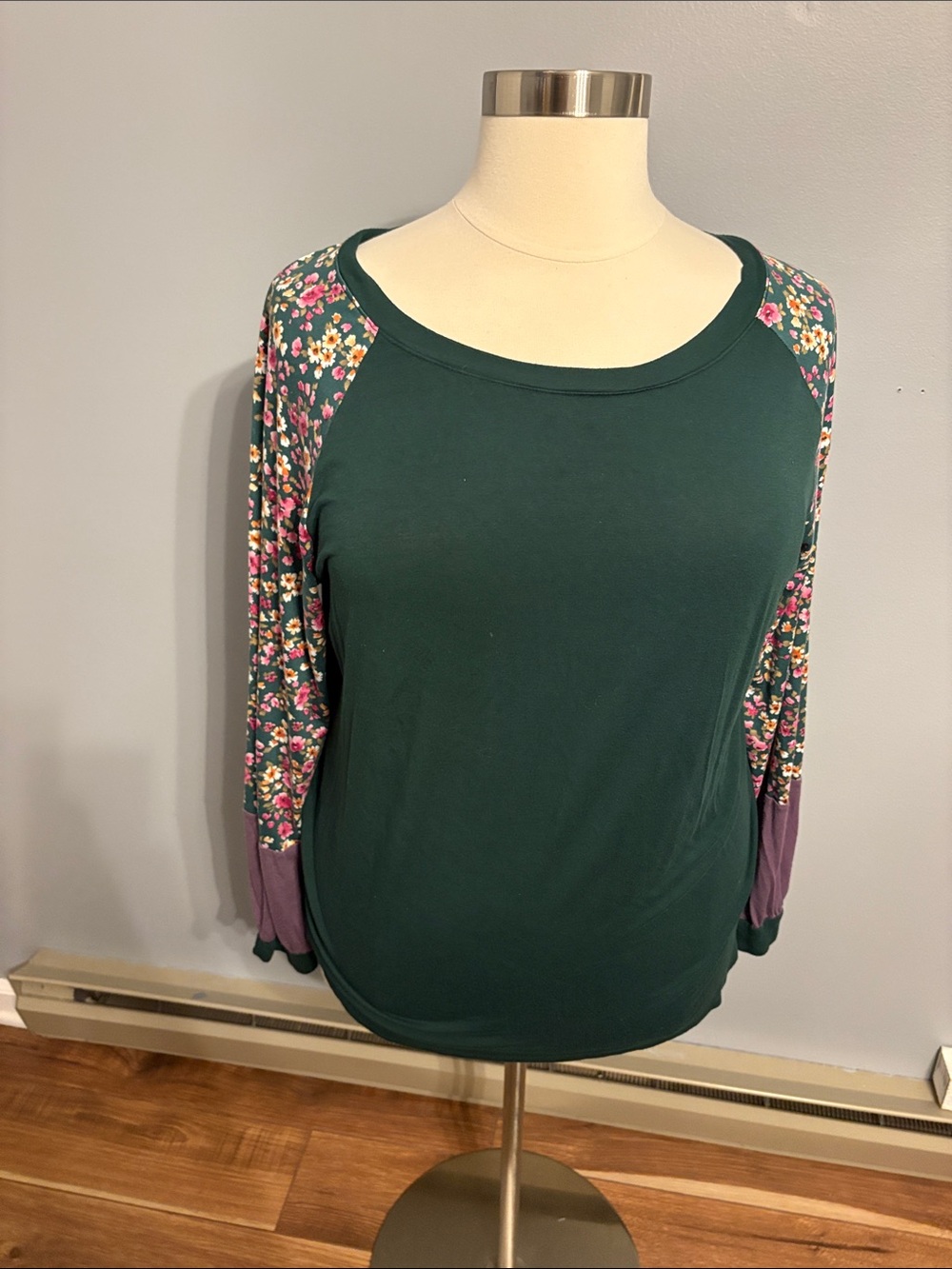 Celeste Forest Green Long Sleeve Tee with Floral Raglan Sleeves